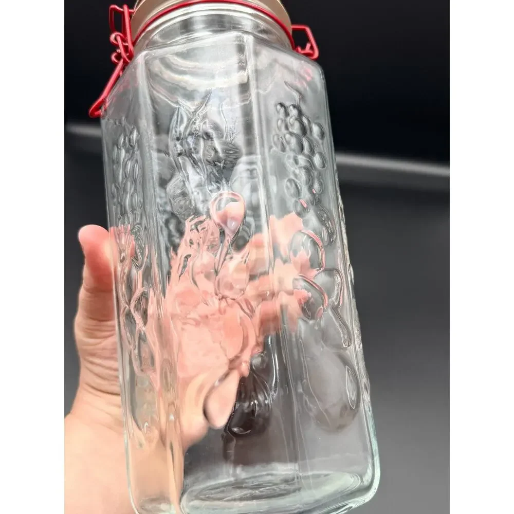 Vintage Glass Storage Jar Octagon Embossed Fruits Vegetable France Red Wire Bale